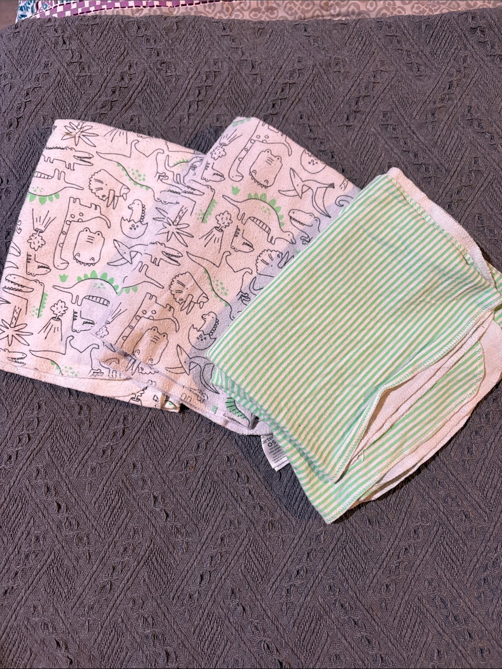 Carter's Set of three Green/White Striped and Dino Print Baby Swaddling Blankets